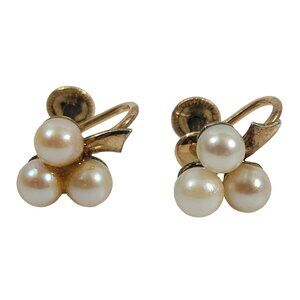 Vintage JMS 12K GF Triple Real Pearl Screw Back Clip-on Earrings Clover Leaf